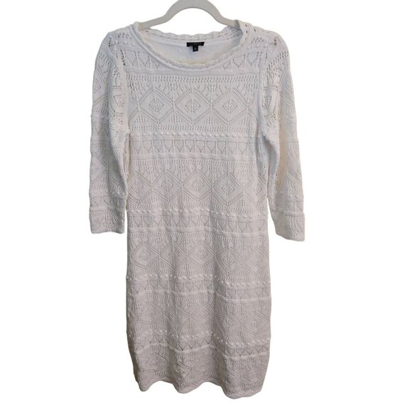 Talbots White 3/4 Sleeve Crochet Sweater Dress Size Mp - Picture 2 of 7